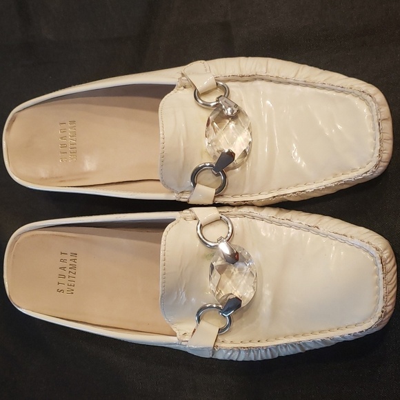 Stuart Weitzman Shoes - Stuart Weitzman Claw Ivory Patent Leather Slide with silver and crystal detail